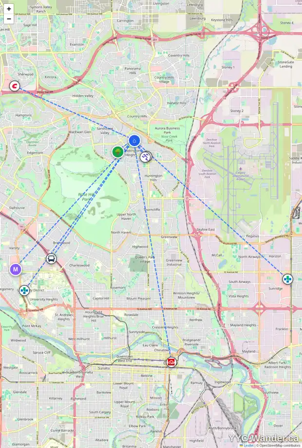 Daily accessibility map for 196 BERNARD DR NW, Calgary showing nearby schools, grocery stores, parks, LRT stations and nearby amenities