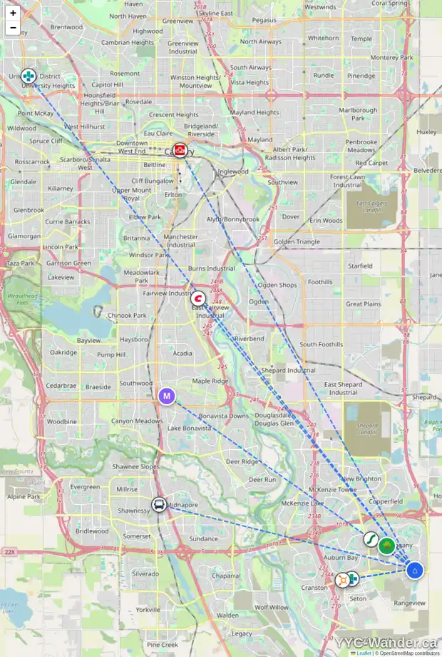 Daily accessibility map for 99 MAGNOLIA GA SE, Calgary showing nearby schools, grocery stores, parks, LRT stations and nearby amenities