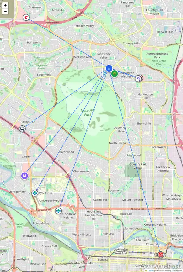 Daily accessibility map for 80 BEARBERRY CR NW, Calgary showing nearby schools, grocery stores, parks, LRT stations and nearby amenities
