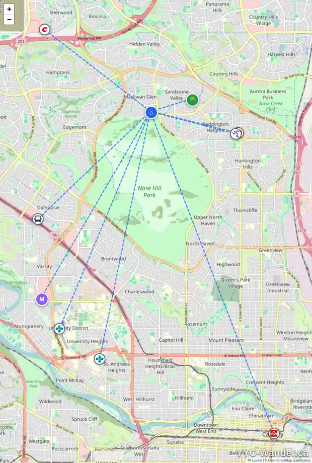 Daily accessibility map for 80 MACEWAN GLEN WY NW, Calgary showing nearby schools, grocery stores, parks, LRT stations and nearby amenities