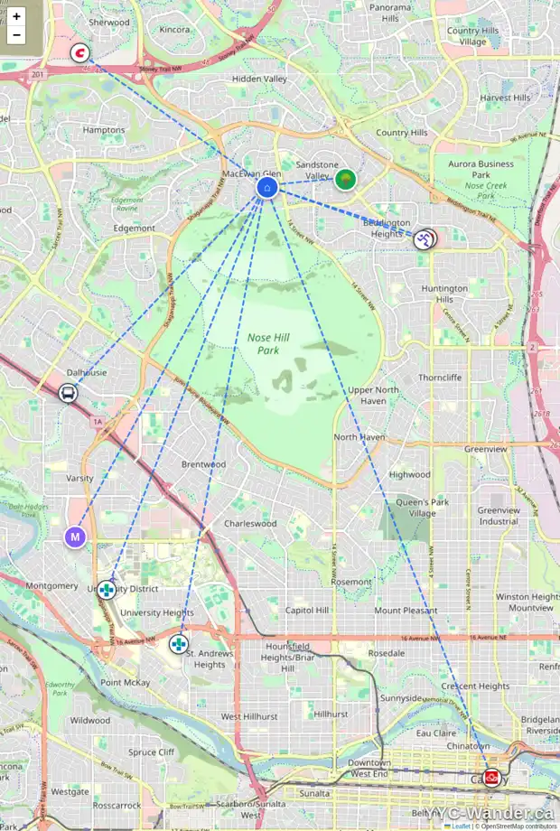 Daily accessibility map for 67 MACEWAN PARK WY NW, Calgary showing nearby schools, grocery stores, parks, LRT stations and nearby amenities