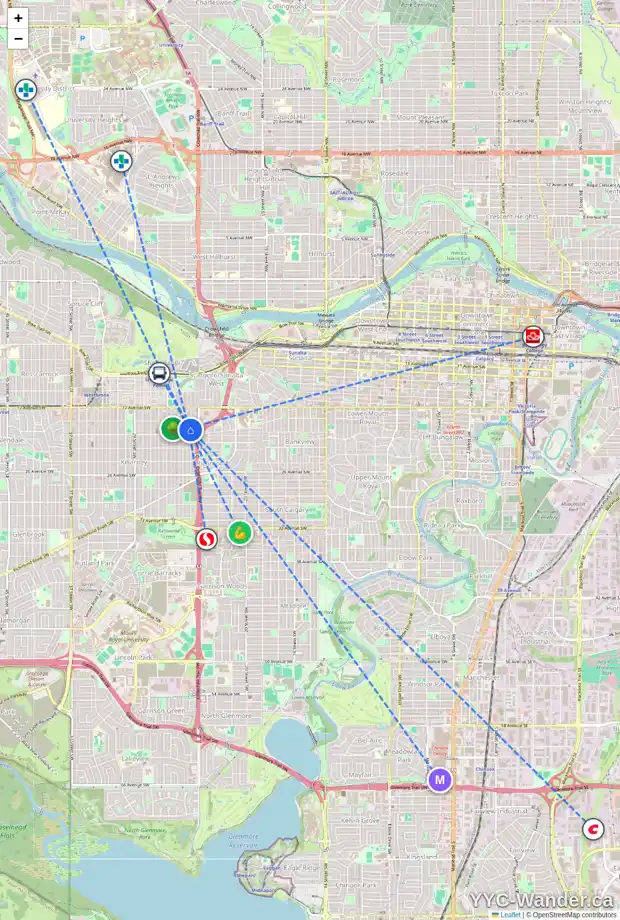 Daily accessibility map for 2019 24A ST SW, Calgary showing nearby schools, grocery stores, parks, LRT stations and nearby amenities