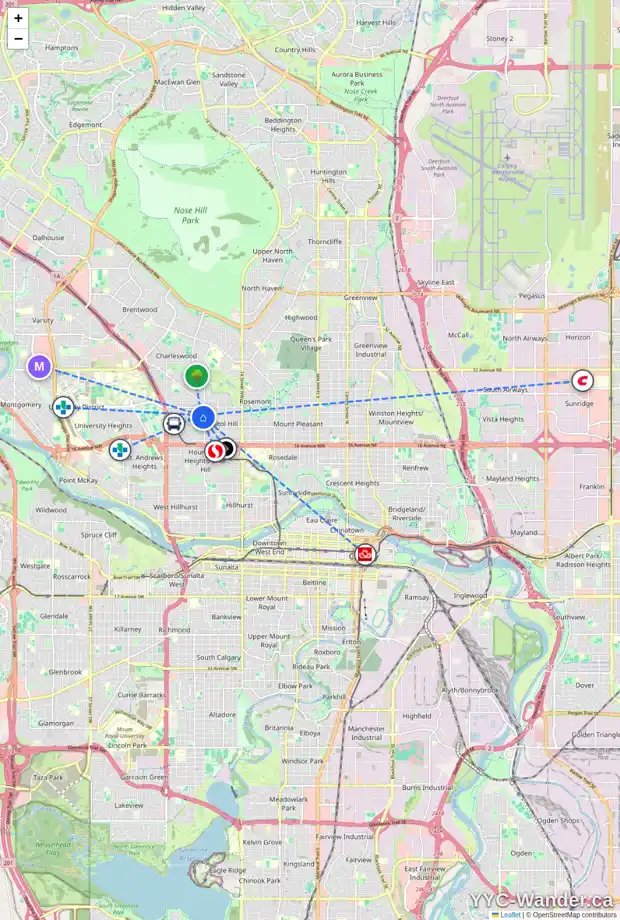 Daily accessibility map for 2014 22 AV NW, Calgary showing nearby schools, grocery stores, parks, LRT stations and nearby amenities