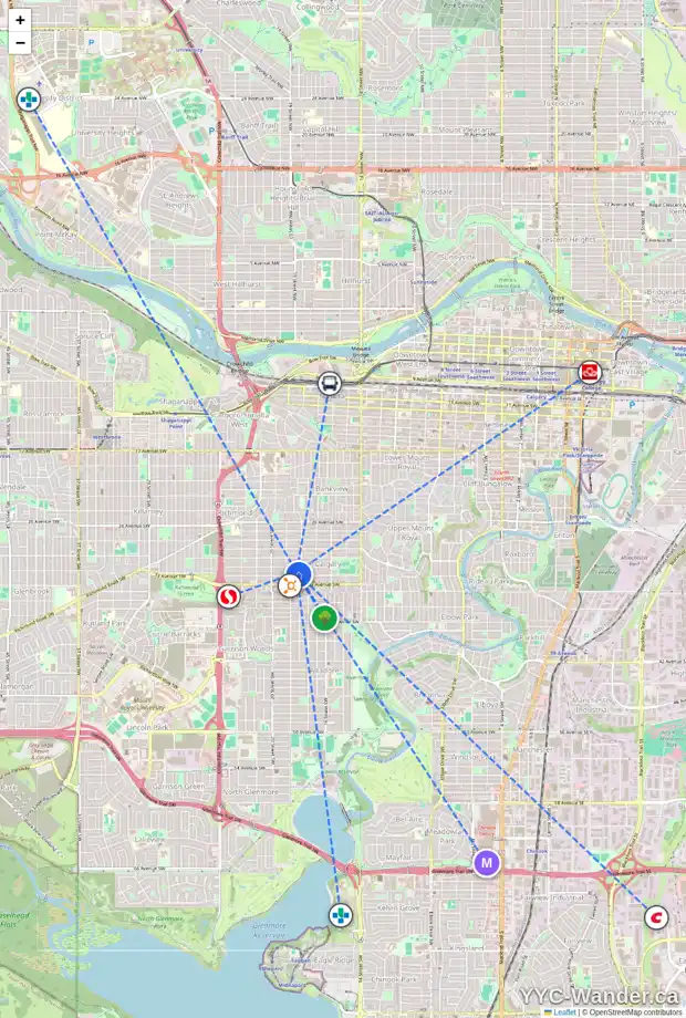 Daily accessibility map for 1912 32 AV SW, Calgary showing nearby schools, grocery stores, parks, LRT stations and nearby amenities