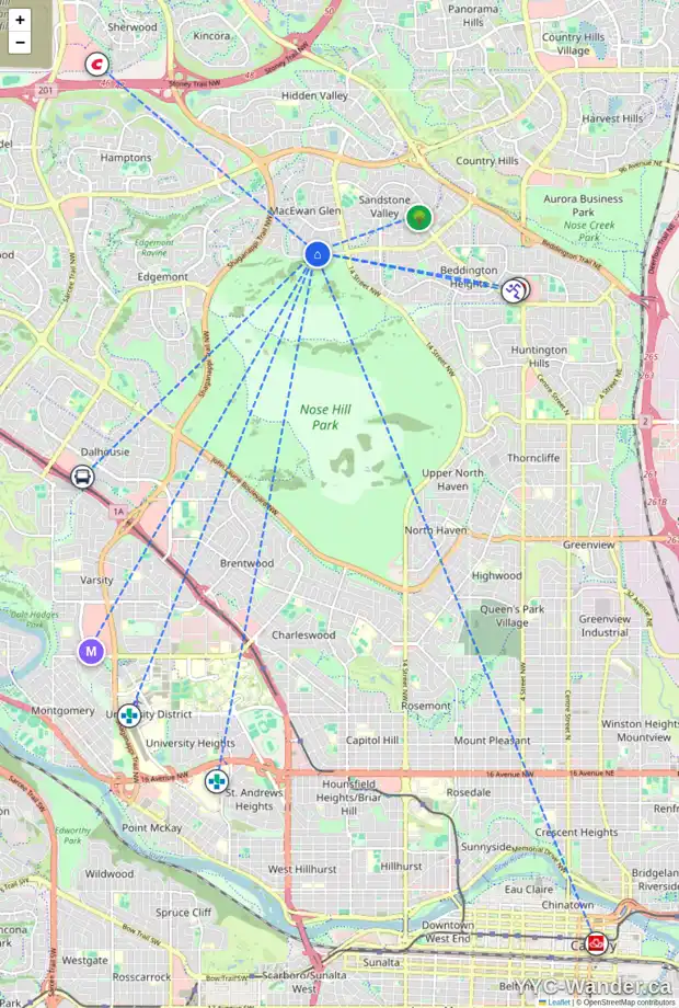 Daily accessibility map for 19 MACEWAN GLEN WY NW, Calgary showing nearby schools, grocery stores, parks, LRT stations and nearby amenities