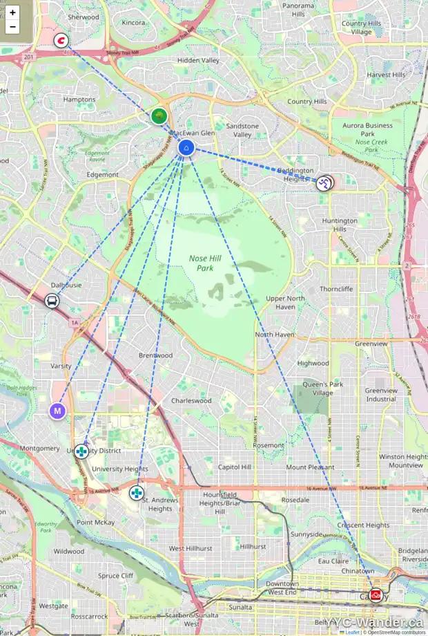 Daily accessibility map for 83 MACEWAN PARK CI NW, Calgary showing nearby schools, grocery stores, parks, LRT stations and nearby amenities