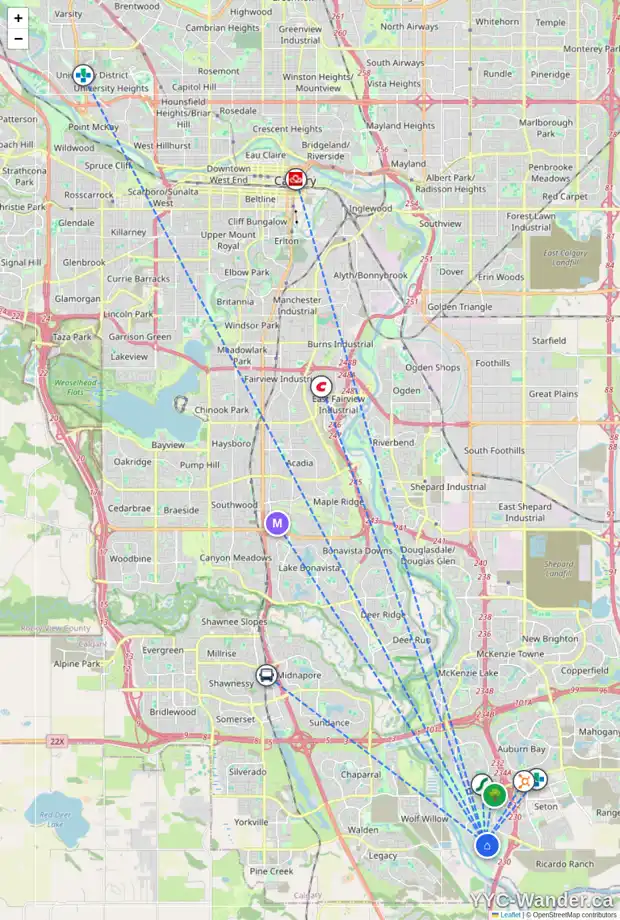 Daily accessibility map for 350 CRANBROOK SQ SE, Calgary showing nearby schools, grocery stores, parks, LRT stations and nearby amenities