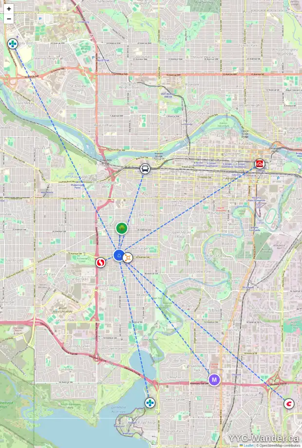 Daily accessibility map for 2107 32 AV SW, Calgary showing nearby schools, grocery stores, parks, LRT stations and nearby amenities