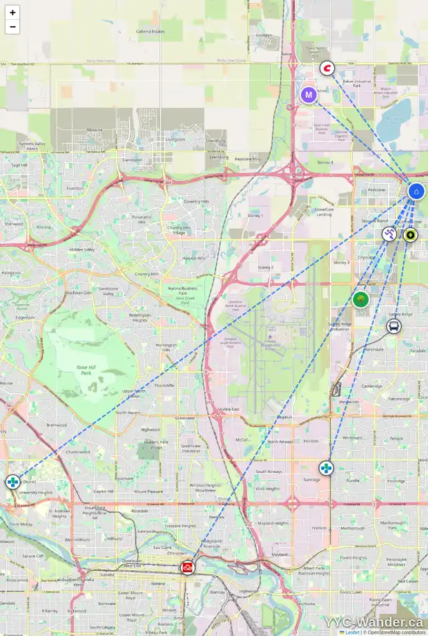 Daily accessibility map for 1885 CORNERSTONE BV NE, Calgary showing nearby schools, grocery stores, parks, LRT stations and nearby amenities