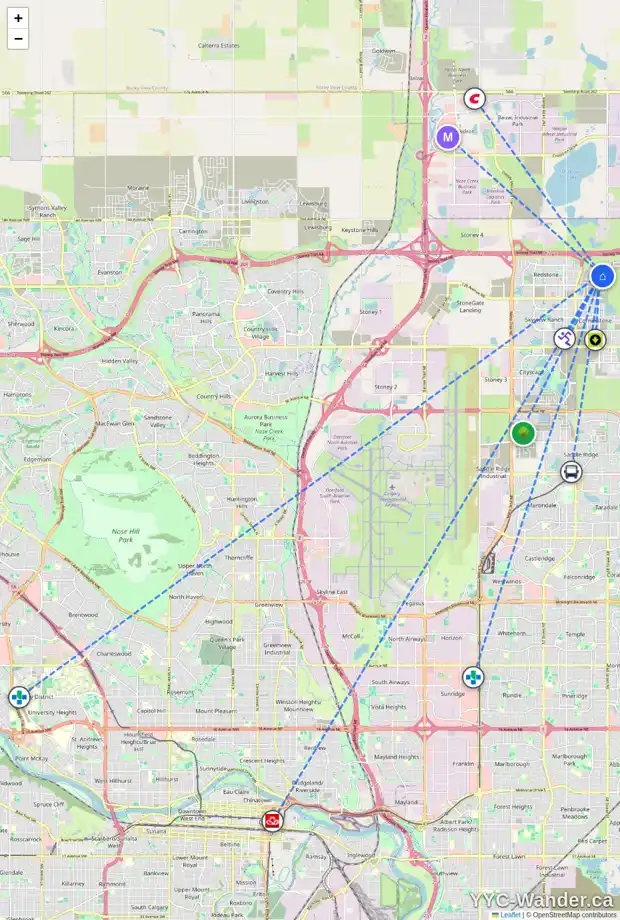 Daily accessibility map for 10 CORNER GLEN GV NE, Calgary showing nearby schools, grocery stores, parks, LRT stations and nearby amenities