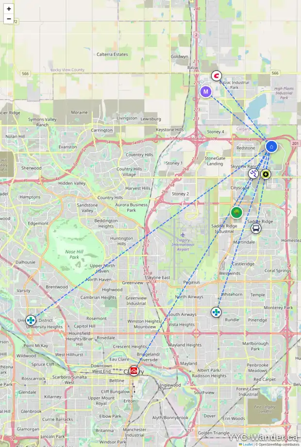 Daily accessibility map for 1943 CORNERSTONE BV NE, Calgary showing nearby schools, grocery stores, parks, LRT stations and nearby amenities