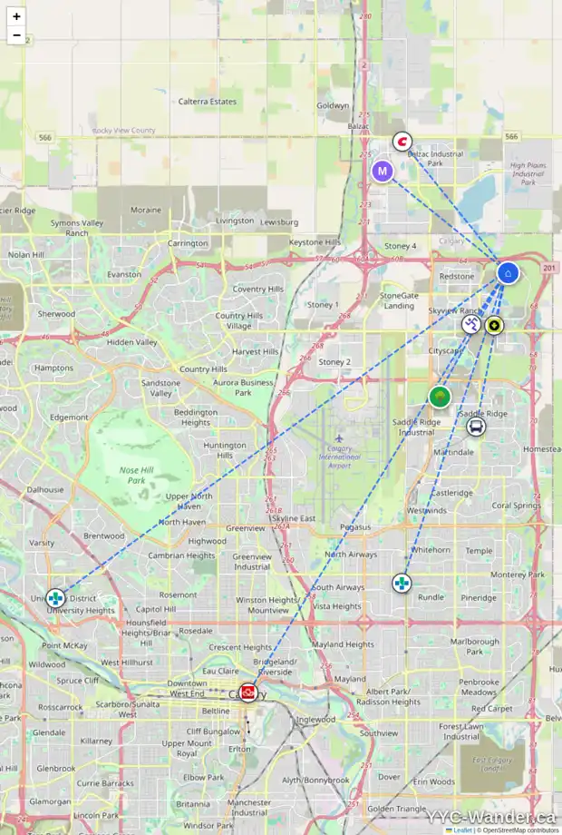 Daily accessibility map for 1966 CORNERSTONE BV NE, Calgary showing nearby schools, grocery stores, parks, LRT stations and nearby amenities