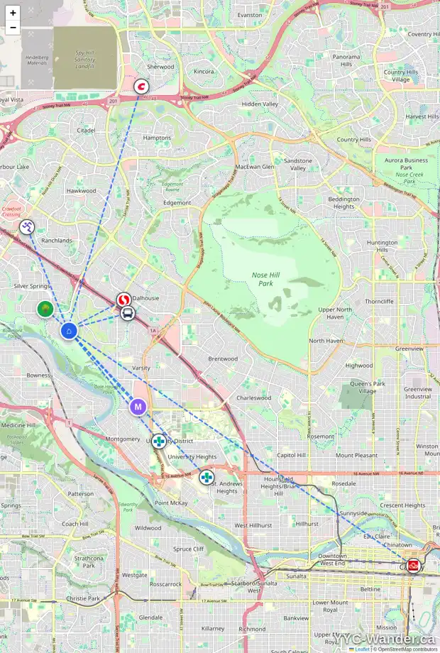 Daily accessibility map for 6607 SILVERDALE RD NW, Calgary showing nearby schools, grocery stores, parks, LRT stations and nearby amenities