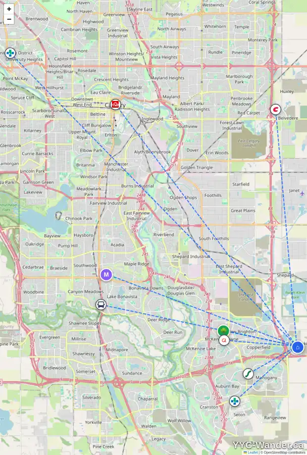 Daily accessibility map for 325 HOTCHKISS CM SE, Calgary showing nearby schools, grocery stores, parks, LRT stations and nearby amenities