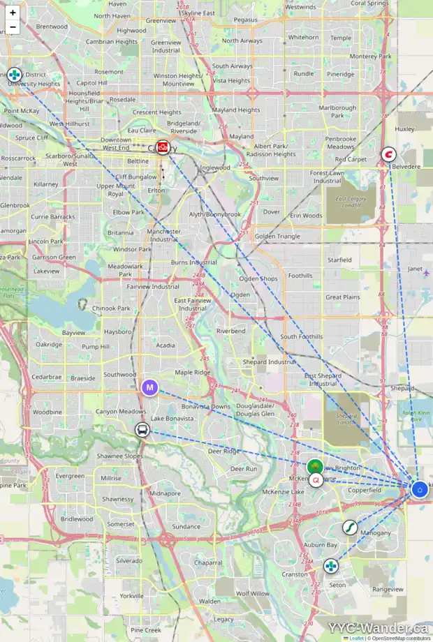 Daily accessibility map for 321 HOTCHKISS CM SE, Calgary showing nearby schools, grocery stores, parks, LRT stations and nearby amenities