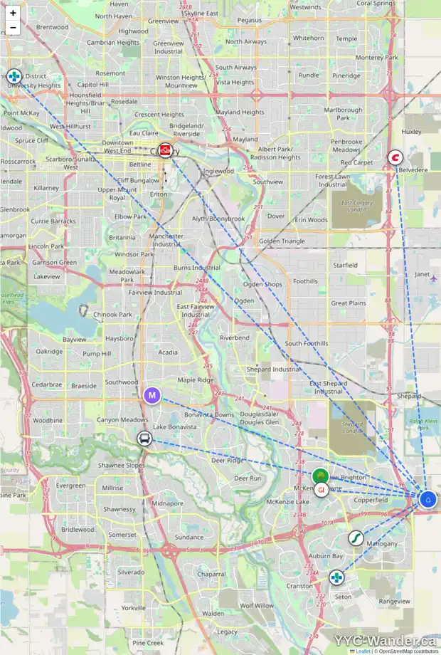 Daily accessibility map for 322 HOTCHKISS CM SE, Calgary showing nearby schools, grocery stores, parks, LRT stations and nearby amenities