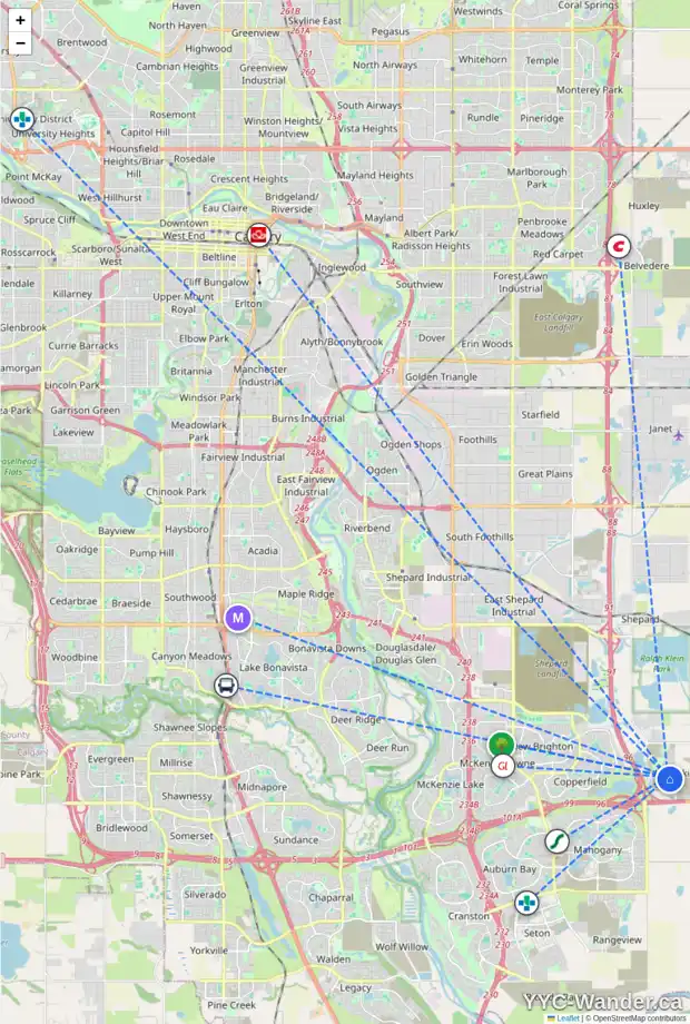 Daily accessibility map for 302 HOTCHKISS CM SE, Calgary showing nearby schools, grocery stores, parks, LRT stations and nearby amenities