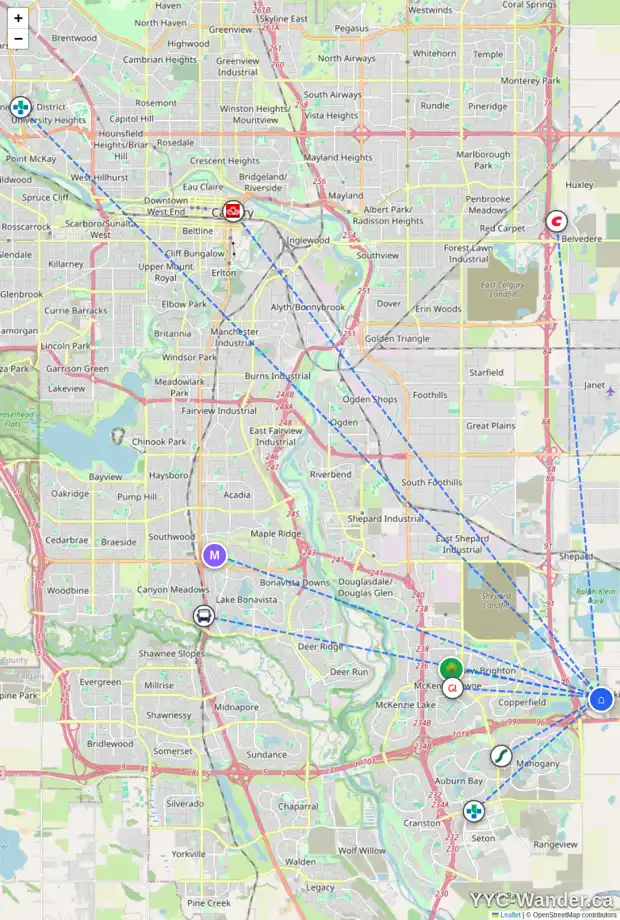Daily accessibility map for 293 HOTCHKISS CM SE, Calgary showing nearby schools, grocery stores, parks, LRT stations and nearby amenities
