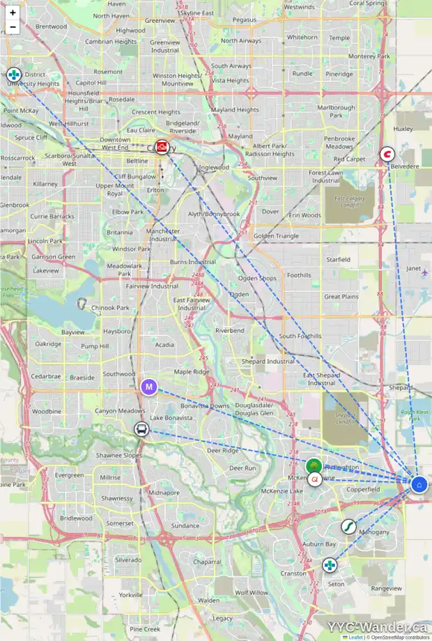 Daily accessibility map for 254 HOTCHKISS CM SE, Calgary showing nearby schools, grocery stores, parks, LRT stations and nearby amenities