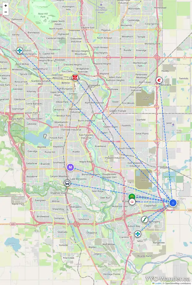 Daily accessibility map for 342 HOTCHKISS MR SE, Calgary showing nearby schools, grocery stores, parks, LRT stations and nearby amenities