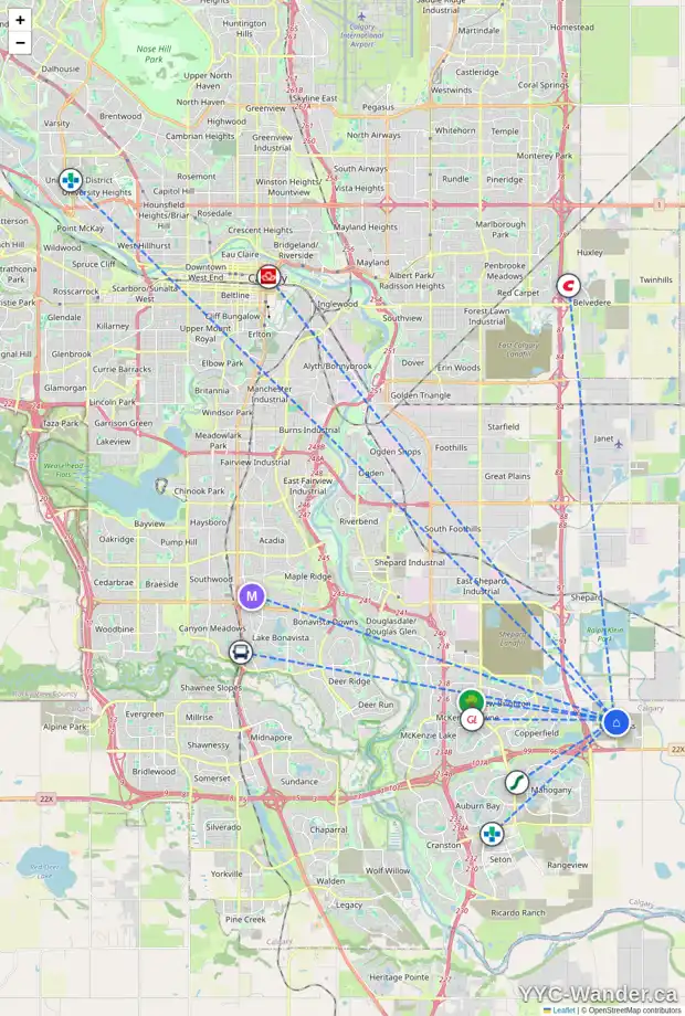 Daily accessibility map for 335 HOTCHKISS MR SE, Calgary showing nearby schools, grocery stores, parks, LRT stations and nearby amenities