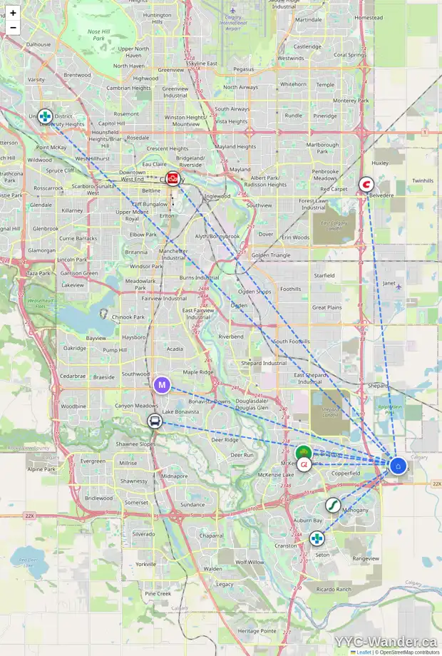 Daily accessibility map for 322 HOTCHKISS MR SE, Calgary showing nearby schools, grocery stores, parks, LRT stations and nearby amenities