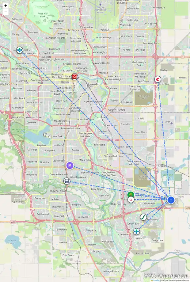 Daily accessibility map for 311 HOTCHKISS MR SE, Calgary showing nearby schools, grocery stores, parks, LRT stations and nearby amenities