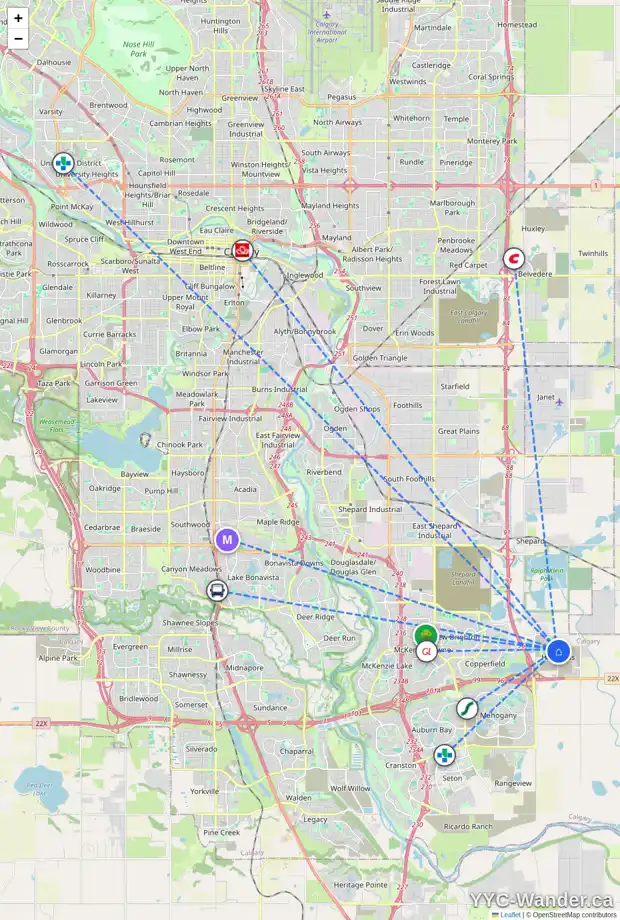 Daily accessibility map for 294 HOTCHKISS MR SE, Calgary showing nearby schools, grocery stores, parks, LRT stations and nearby amenities