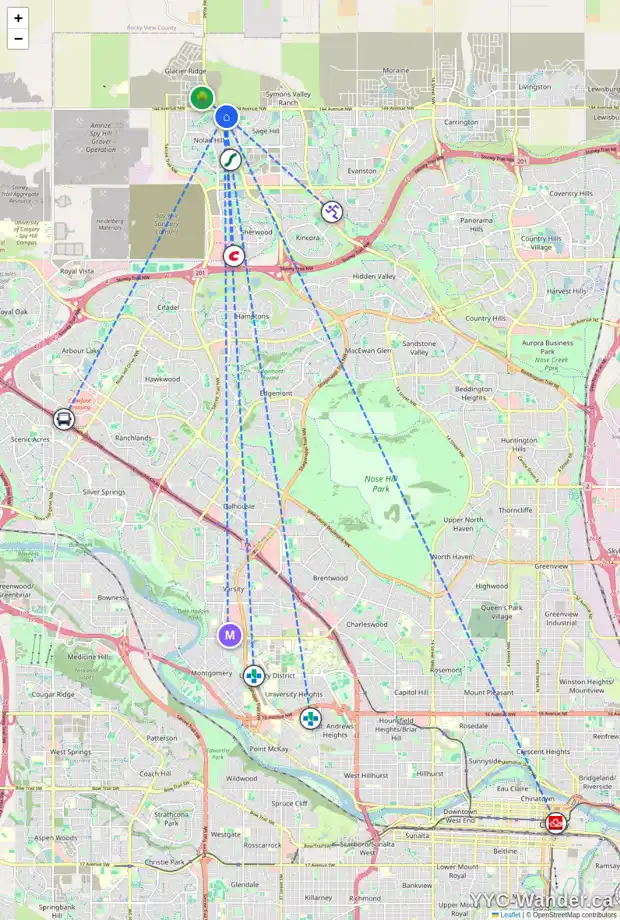 Daily accessibility map for 404 138 SAGE VALLEY CM NW, Calgary showing nearby schools, grocery stores, parks, LRT stations and nearby amenities