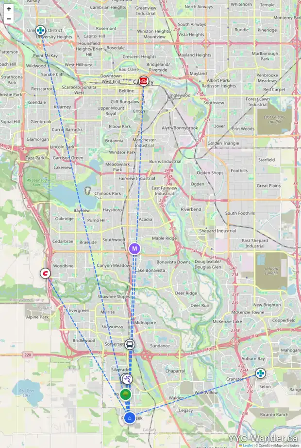Daily accessibility map for 21462 SHERIFF KING ST SW, Calgary showing nearby schools, grocery stores, parks, LRT stations and nearby amenities
