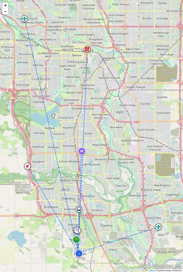 Daily accessibility map for 21434 SHERIFF KING ST SW, Calgary showing nearby schools, grocery stores, parks, LRT stations and nearby amenities