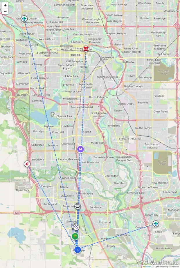 Daily accessibility map for 21422 SHERIFF KING ST SW, Calgary showing nearby schools, grocery stores, parks, LRT stations and nearby amenities
