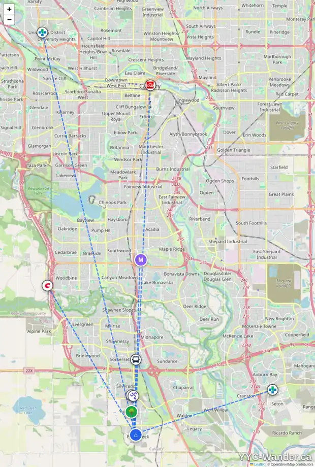 Daily accessibility map for 21414 SHERIFF KING ST SW, Calgary showing nearby schools, grocery stores, parks, LRT stations and nearby amenities