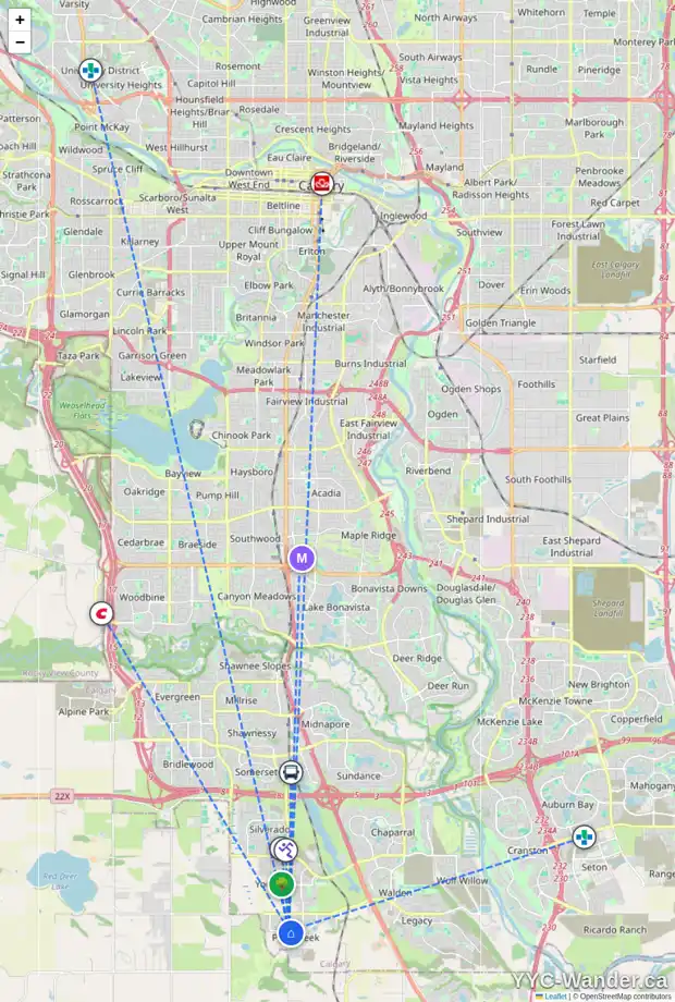 Daily accessibility map for 21406 SHERIFF KING ST SW, Calgary showing nearby schools, grocery stores, parks, LRT stations and nearby amenities
