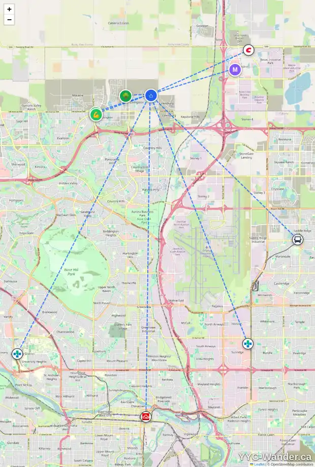 Daily accessibility map for 909 LIVINGSTON VW NE, Calgary showing nearby schools, grocery stores, parks, LRT stations and nearby amenities
