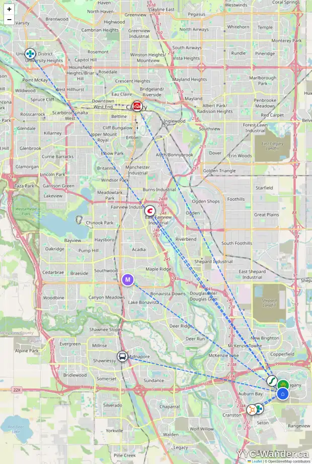 Daily accessibility map for 26 MARINA IS SE, Calgary showing nearby schools, grocery stores, parks, LRT stations and nearby amenities