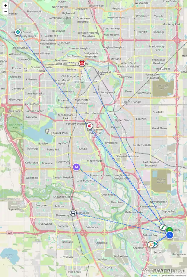 Daily accessibility map for 18 MARINA IS SE, Calgary showing nearby schools, grocery stores, parks, LRT stations and nearby amenities