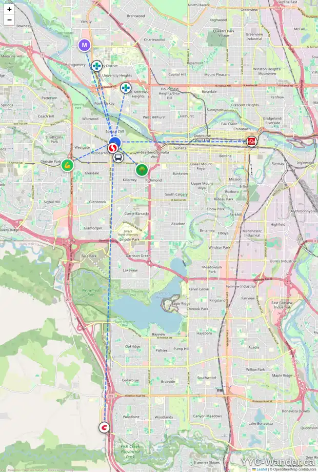 Daily accessibility map for 3537 7 AV SW, Calgary showing nearby schools, grocery stores, parks, LRT stations and nearby amenities