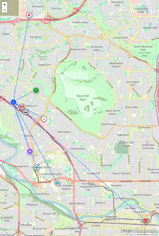 Daily accessibility map for 5764 BAROC RD NW, Calgary showing nearby schools, grocery stores, parks, LRT stations and nearby amenities