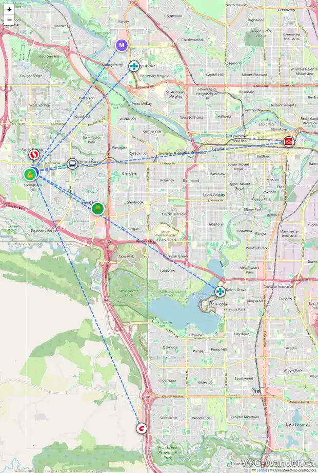 Daily accessibility map for 124 SPRING CREEK CM SW, Calgary showing nearby schools, grocery stores, parks, LRT stations and nearby amenities