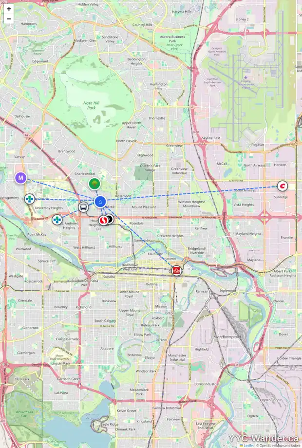 Daily accessibility map for 1916 23 AV NW, Calgary showing nearby schools, grocery stores, parks, LRT stations and nearby amenities