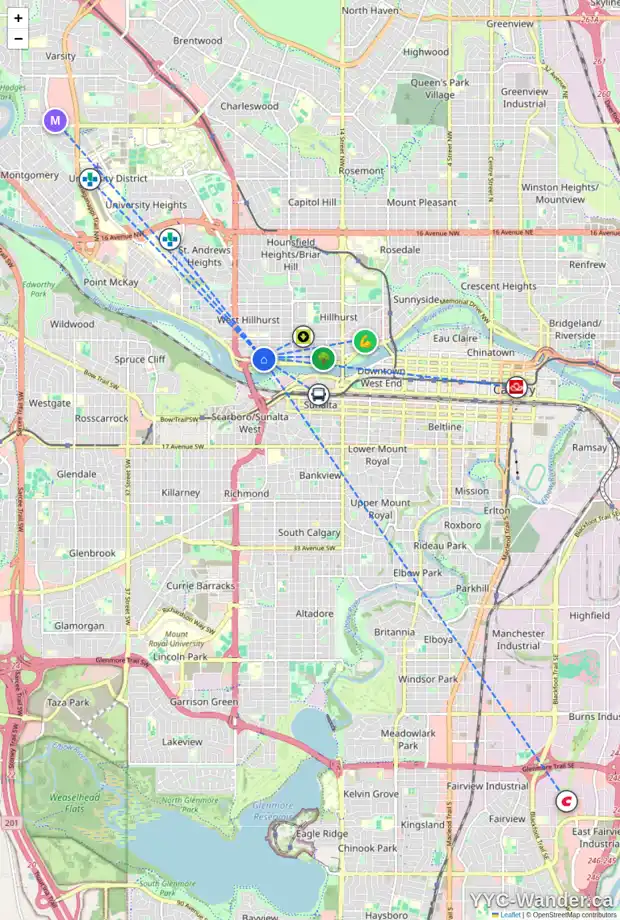 Daily accessibility map for 2229 BROADVIEW RD NW, Calgary showing nearby schools, grocery stores, parks, LRT stations and nearby amenities