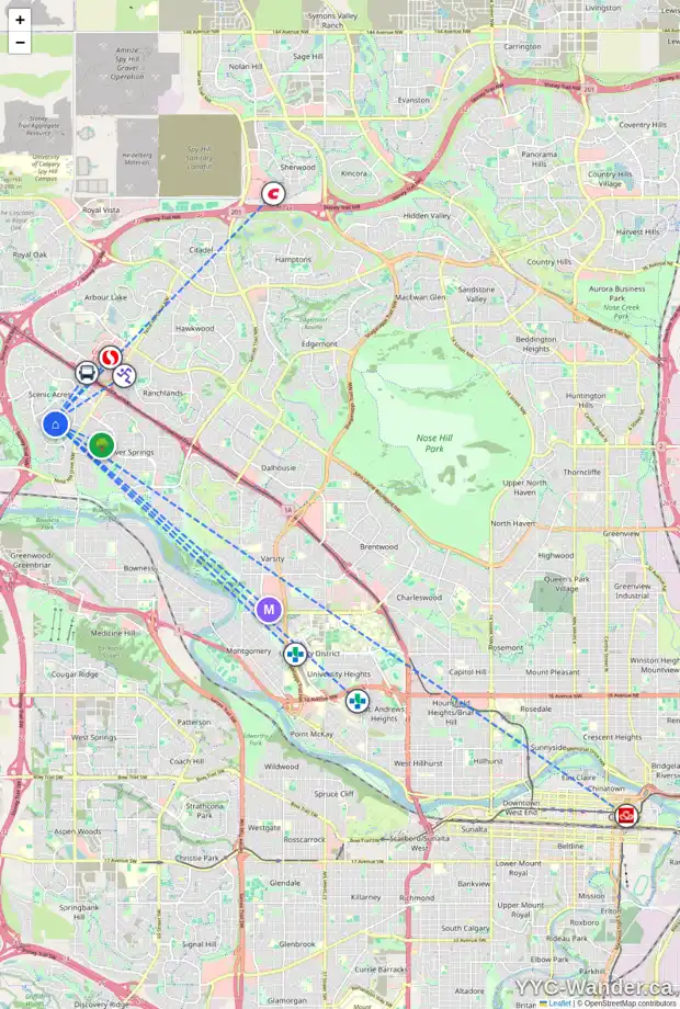 Daily accessibility map for 141 SCANDIA HL NW, Calgary showing nearby schools, grocery stores, parks, LRT stations and nearby amenities