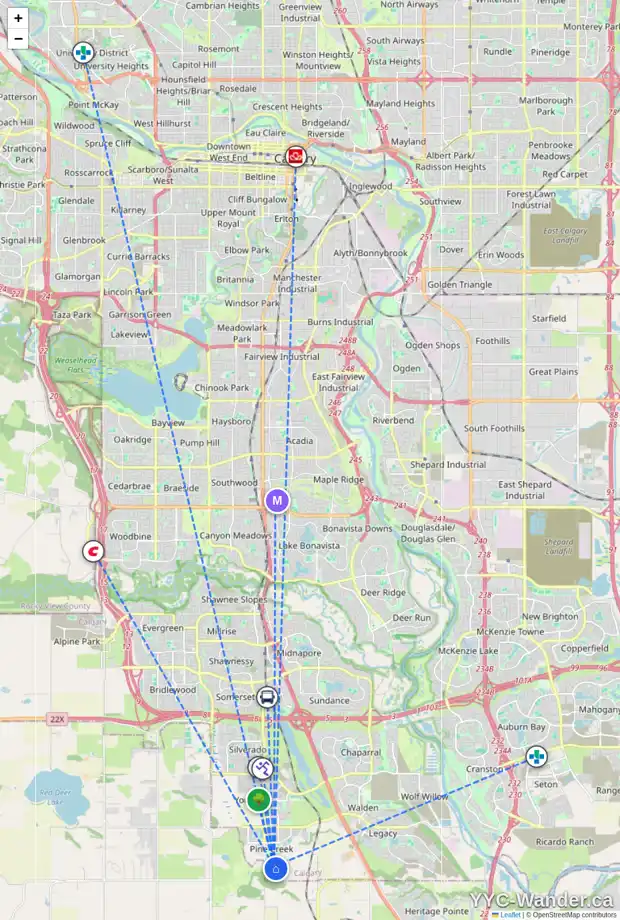 Daily accessibility map for 64 CREEKVIEW MR SW, Calgary showing nearby schools, grocery stores, parks, LRT stations and nearby amenities