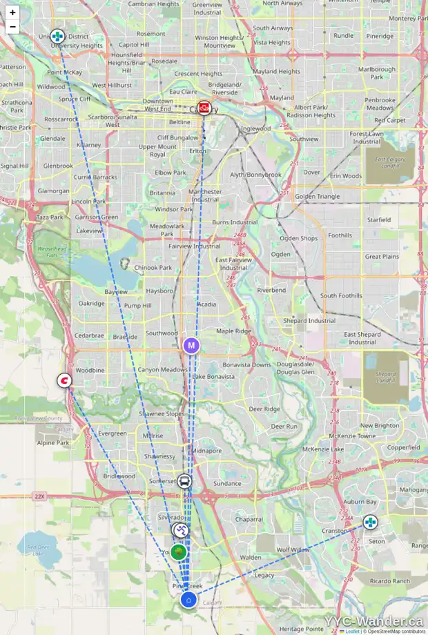 Daily accessibility map for 104 CREEKVIEW MR SW, Calgary showing nearby schools, grocery stores, parks, LRT stations and nearby amenities