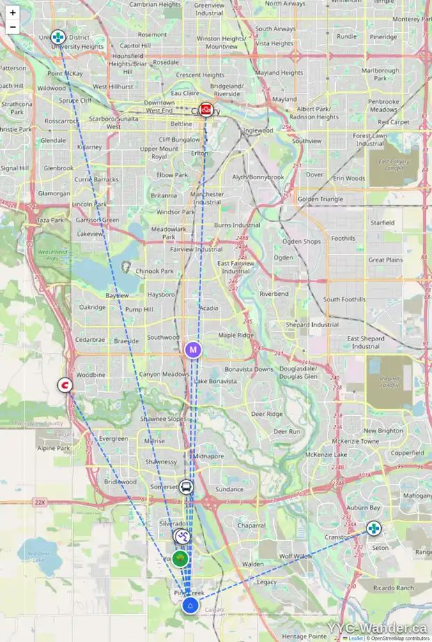 Daily accessibility map for 105 CREEKVIEW MR SW, Calgary showing nearby schools, grocery stores, parks, LRT stations and nearby amenities