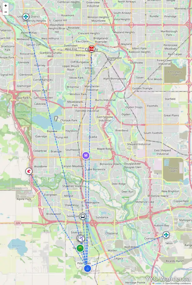 Daily accessibility map for 39 CREEKVIEW CM SW, Calgary showing nearby schools, grocery stores, parks, LRT stations and nearby amenities