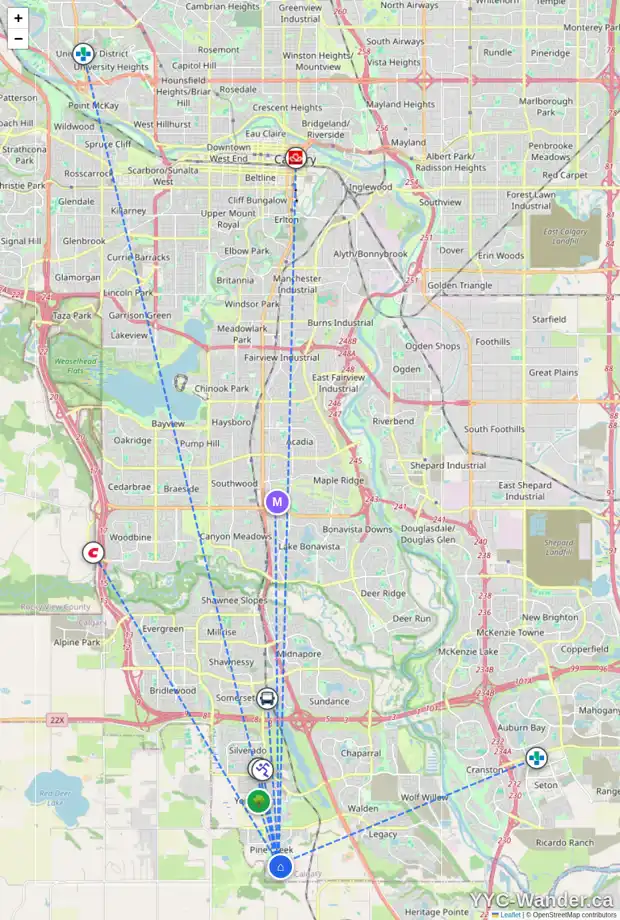 Daily accessibility map for 7 CREEKVIEW CM SW, Calgary showing nearby schools, grocery stores, parks, LRT stations and nearby amenities