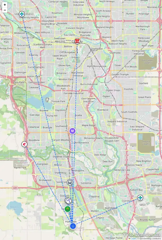 Daily accessibility map for 10 CREEKVIEW GD SW, Calgary showing nearby schools, grocery stores, parks, LRT stations and nearby amenities