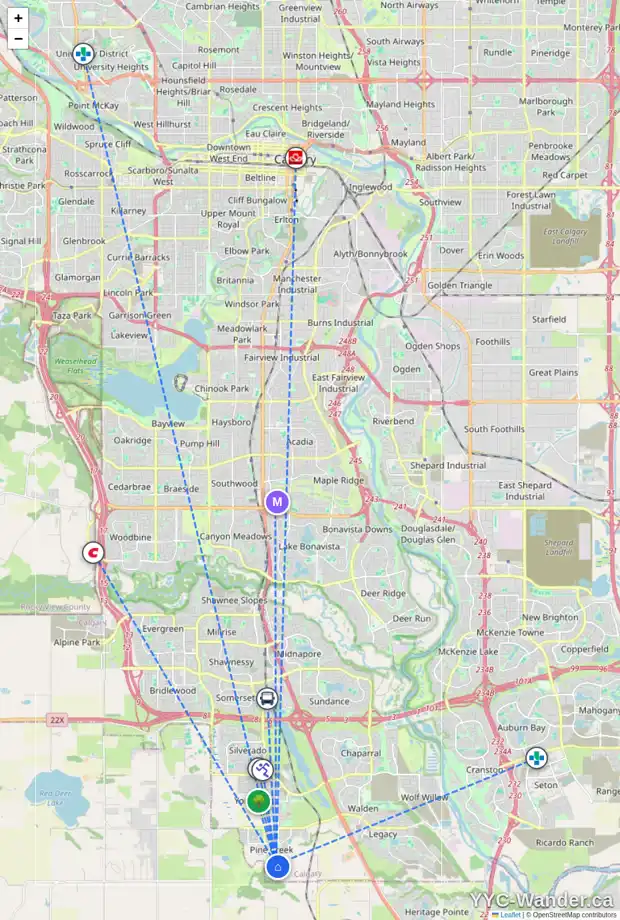 Daily accessibility map for 38 CREEKVIEW GD SW, Calgary showing nearby schools, grocery stores, parks, LRT stations and nearby amenities
